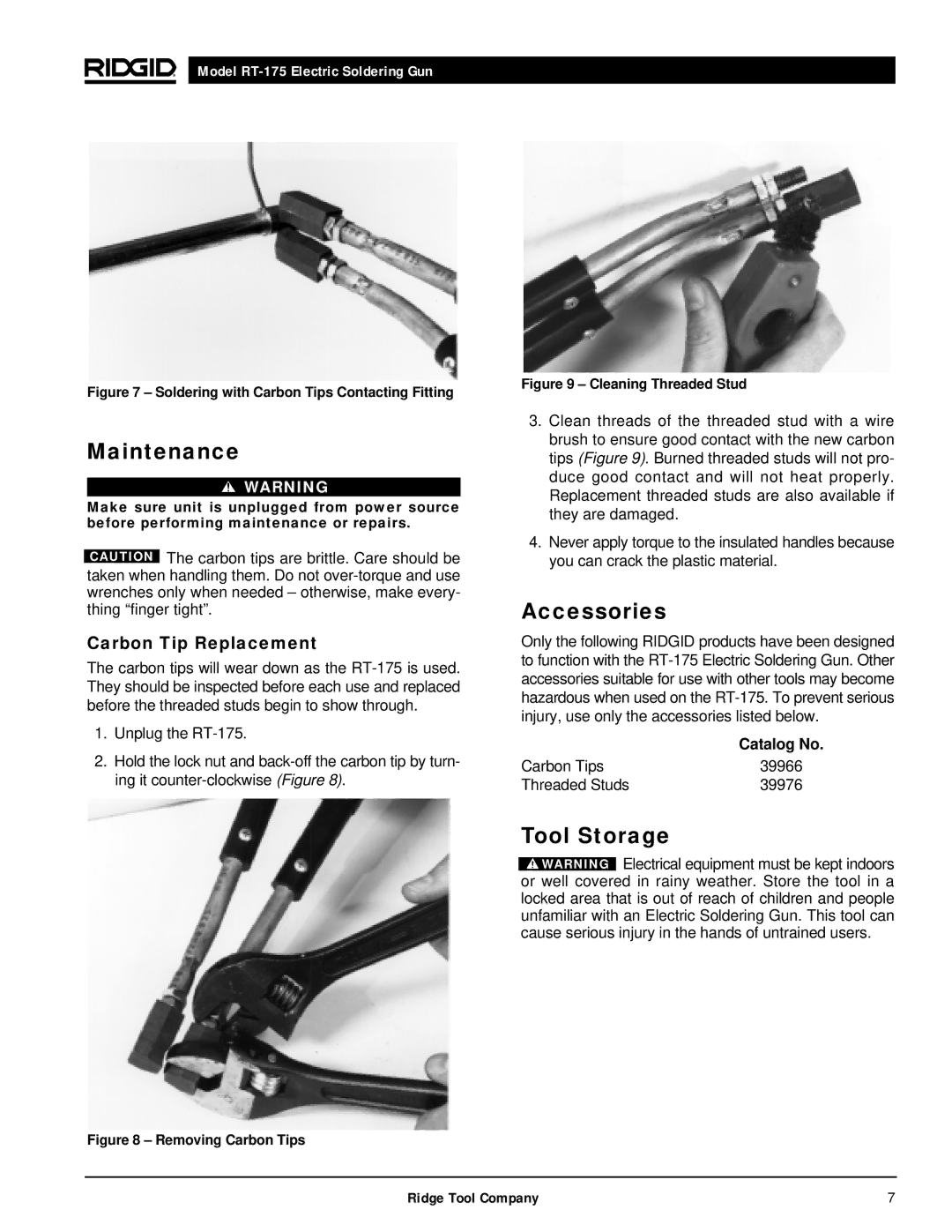 RIDGID RT-175 manual Maintenance, Accessories, Tool Storage, Carbon Tip Replacement 