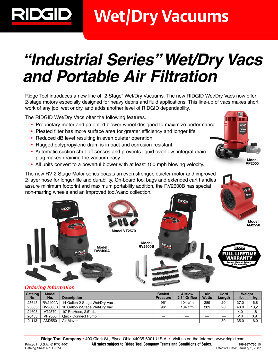 RIDGID VP2000, RV2600B, RV2400A warranty Wet/Dry Vacuums, Ordering Information 