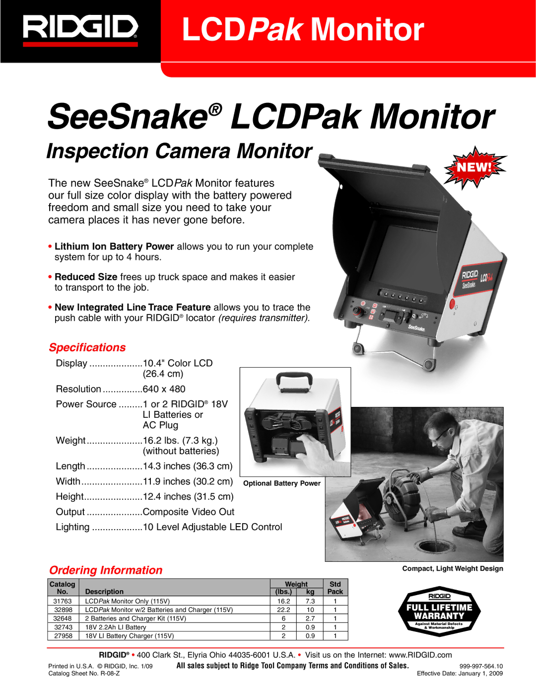 RIDGID SeeSnake LCDPak Monitor specifications Specifications, Ordering Information 