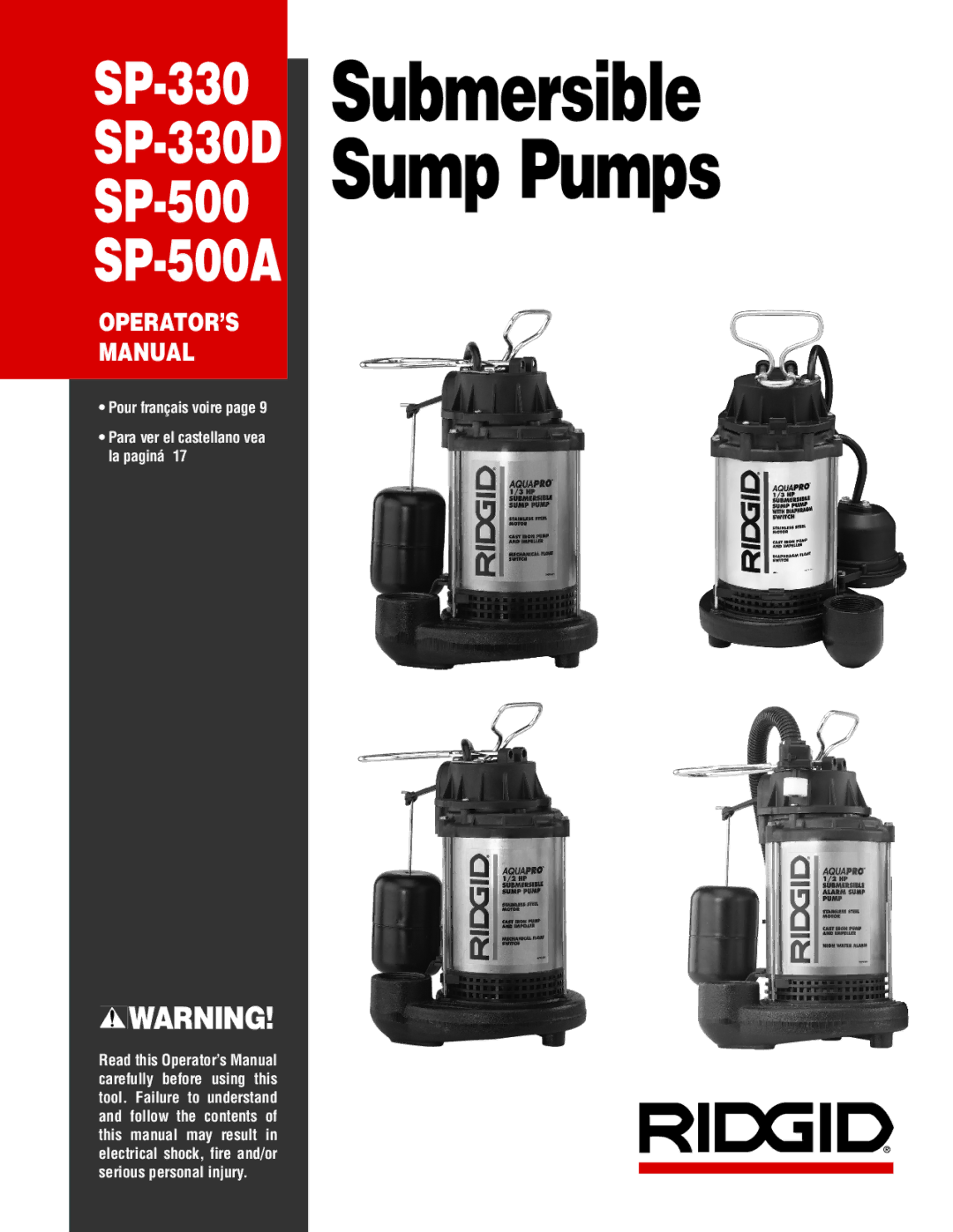 RIDGID SP-500, SP500A, SP-330D manual Submersible Sump Pumps 