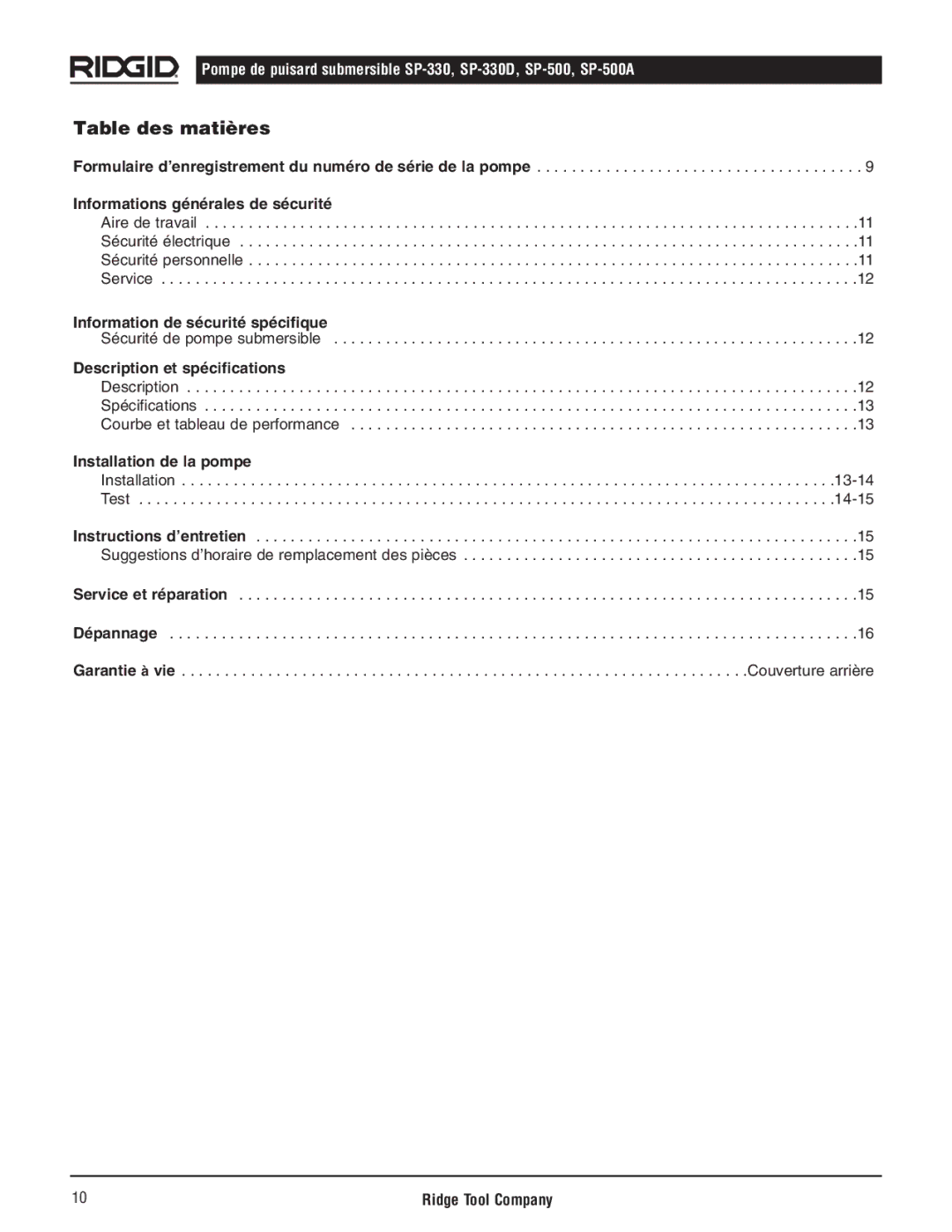 RIDGID SP500A, SP-500, SP-330D Table des matières, Informations générales de sécurité, Information de sécurité spécifique 