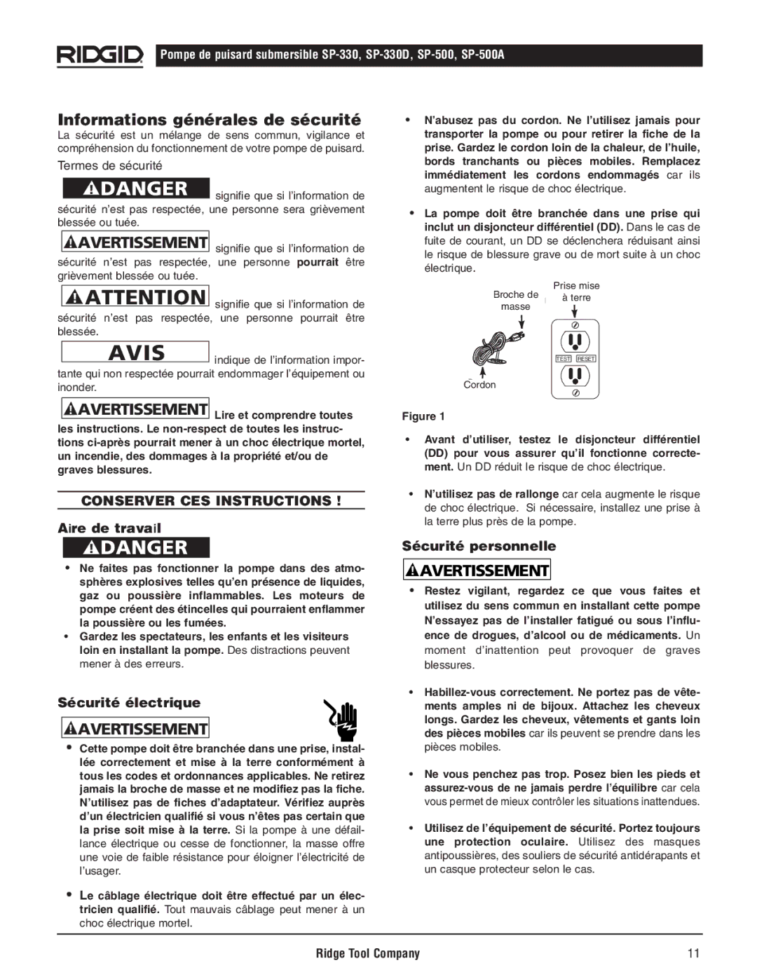 RIDGID SP-500, SP500A, SP-330D manual Aire de travail, Sécurité électrique, Sécurité personnelle 