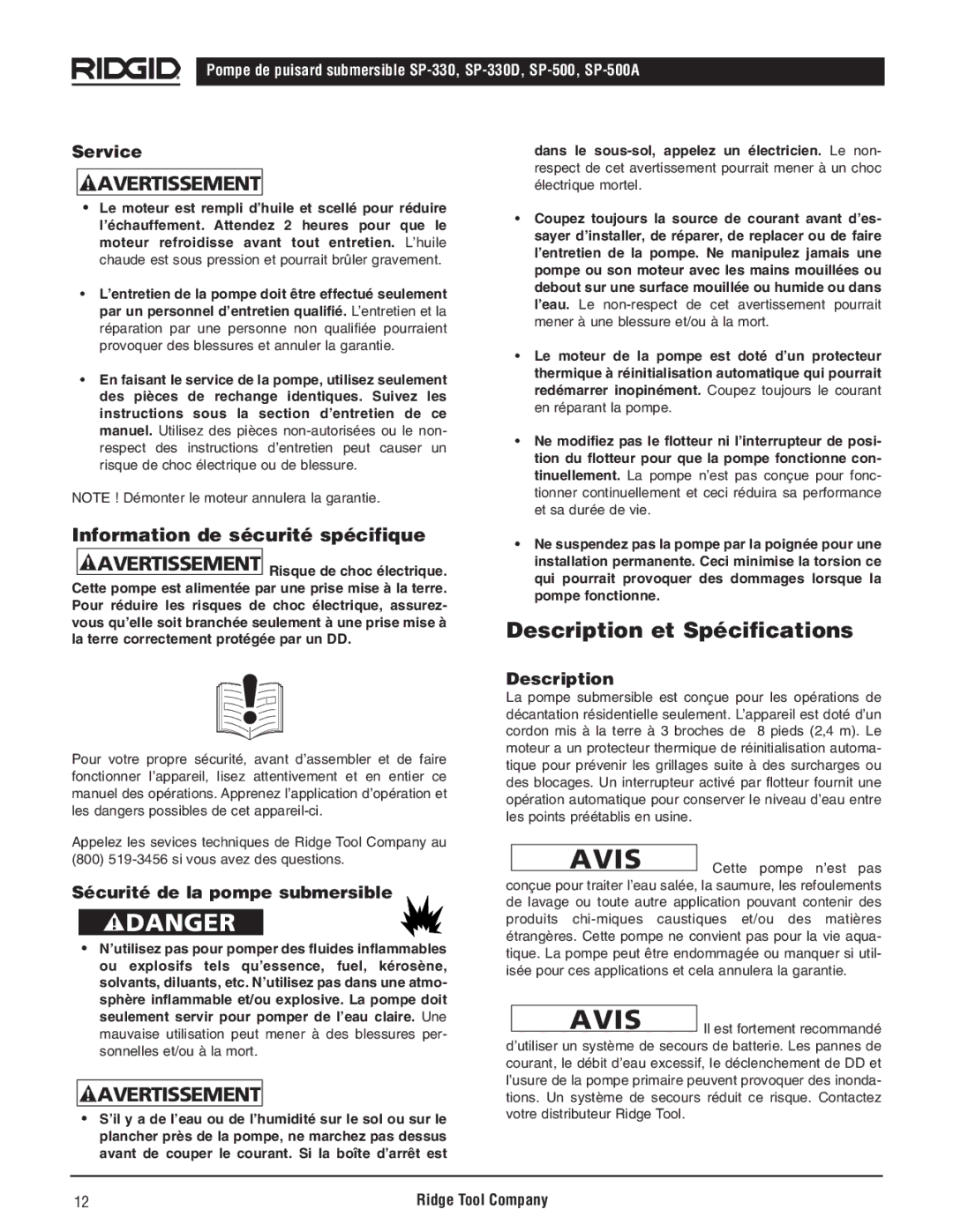 RIDGID SP-330D, SP500A Description et Spécifications, Information de sécurité spécifique, Sécurité de la pompe submersible 