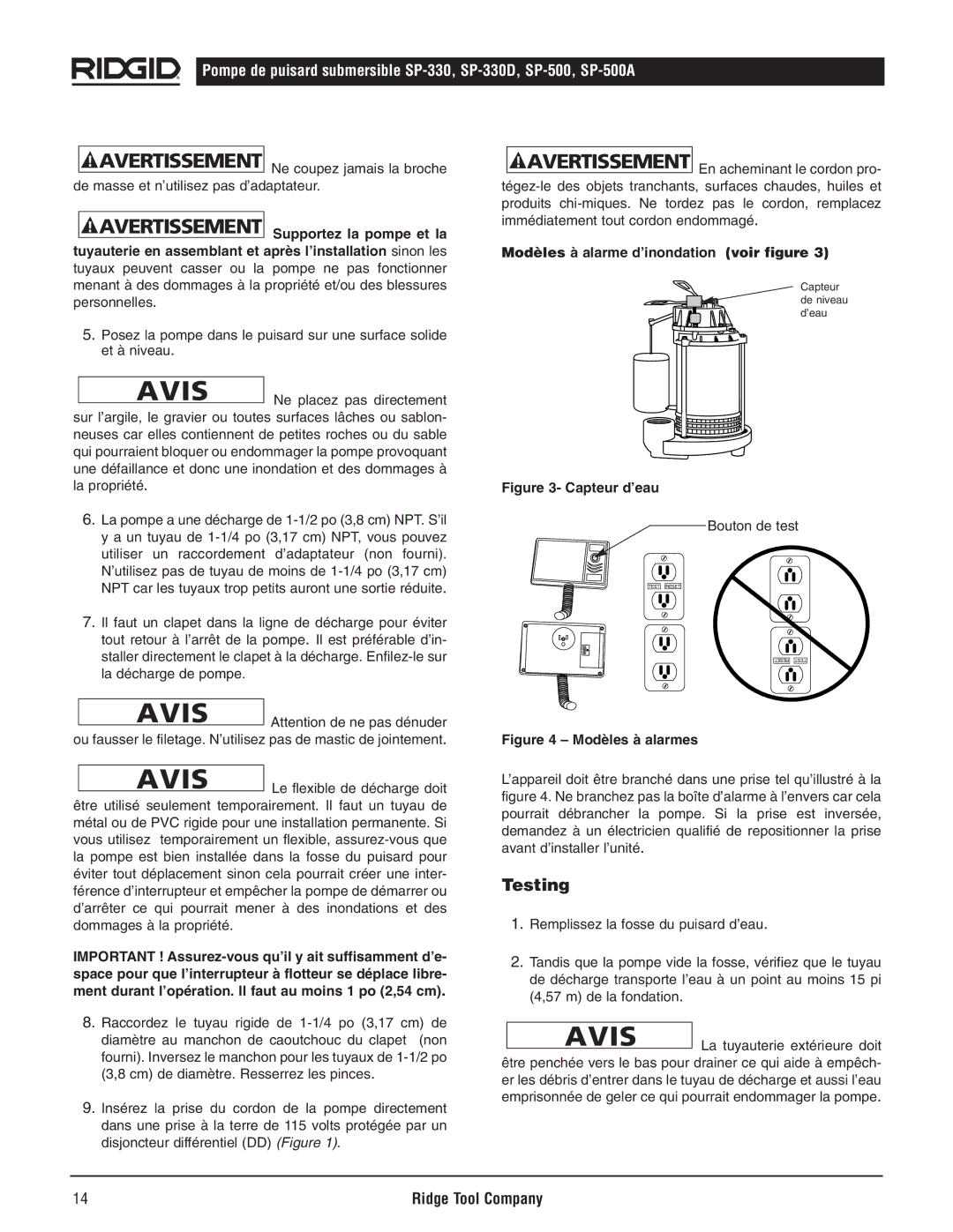 RIDGID SP500A manual Ne placez pas directement, Bouton de test, Le flexible de décharge doit, La tuyauterie extérieure doit 