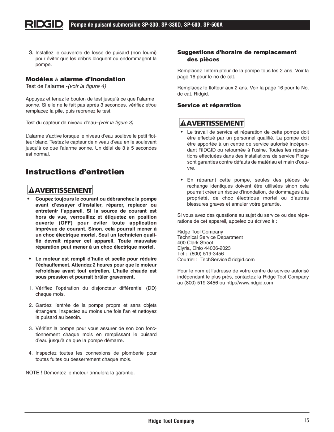 RIDGID SP-500 Instructions d’entretien, Modèles à alarme d’inondation, Suggestions d’horaire de remplacement des pièces 