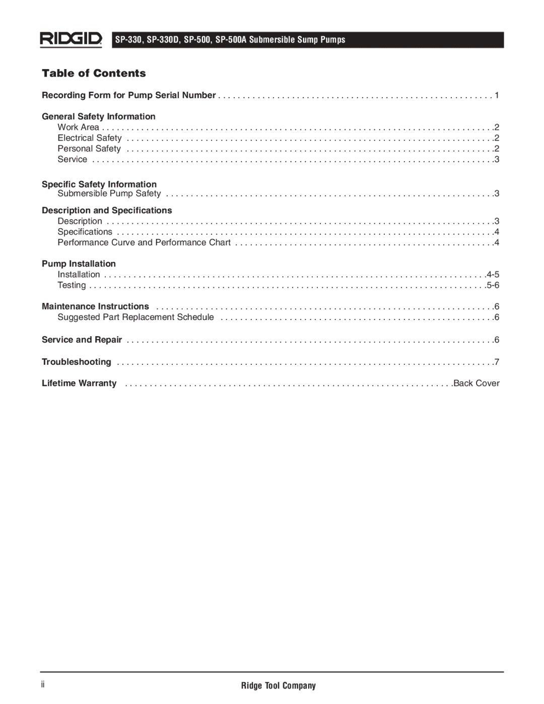 RIDGID SP-330D, SP500A, SP-500 manual Table of Contents 