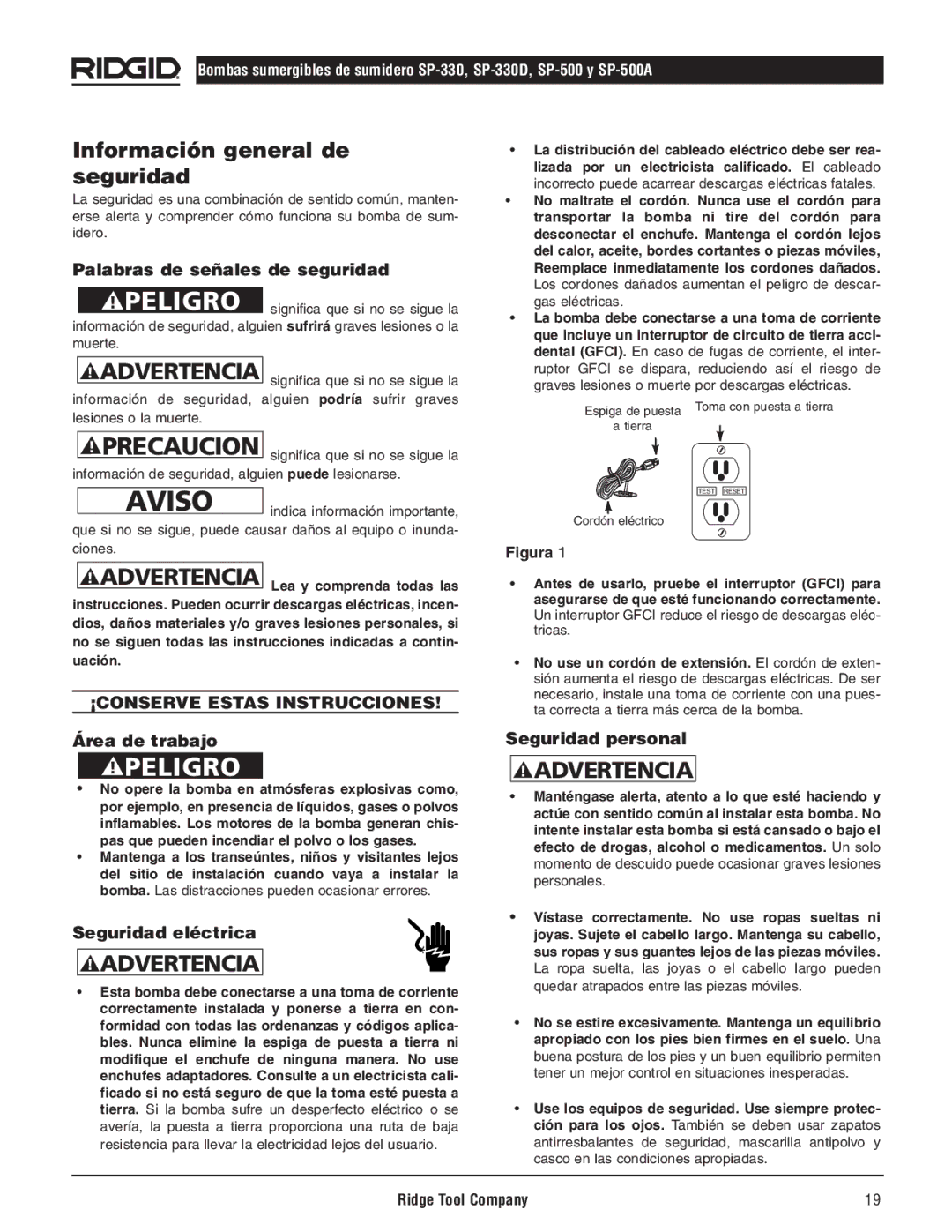 RIDGID SP-500 Información general de seguridad, Palabras de señales de seguridad, Área de trabajo, Seguridad eléctrica 