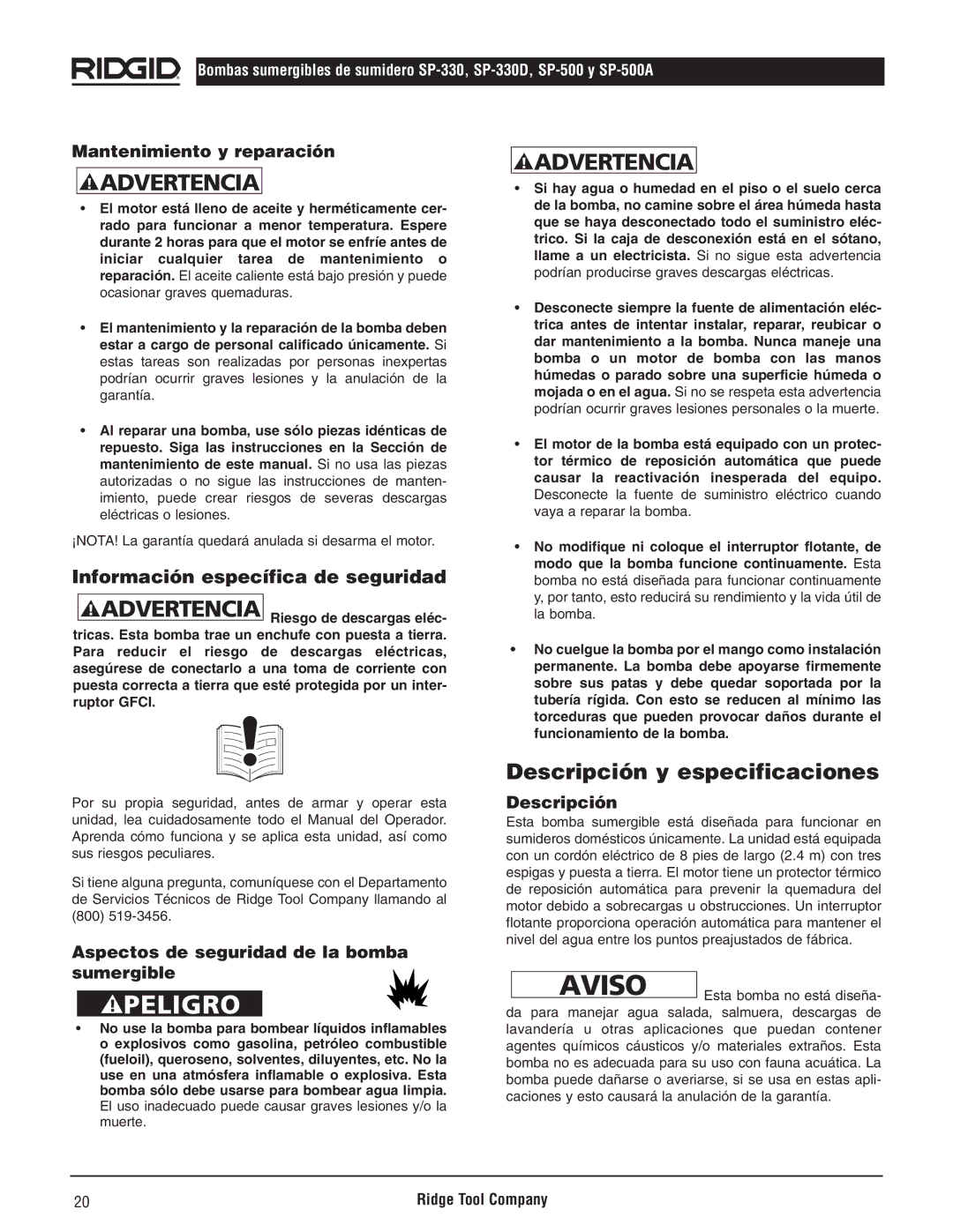 RIDGID SP-330D, SP500A Descripción y especificaciones, Información específica de seguridad, Mantenimiento y reparación 