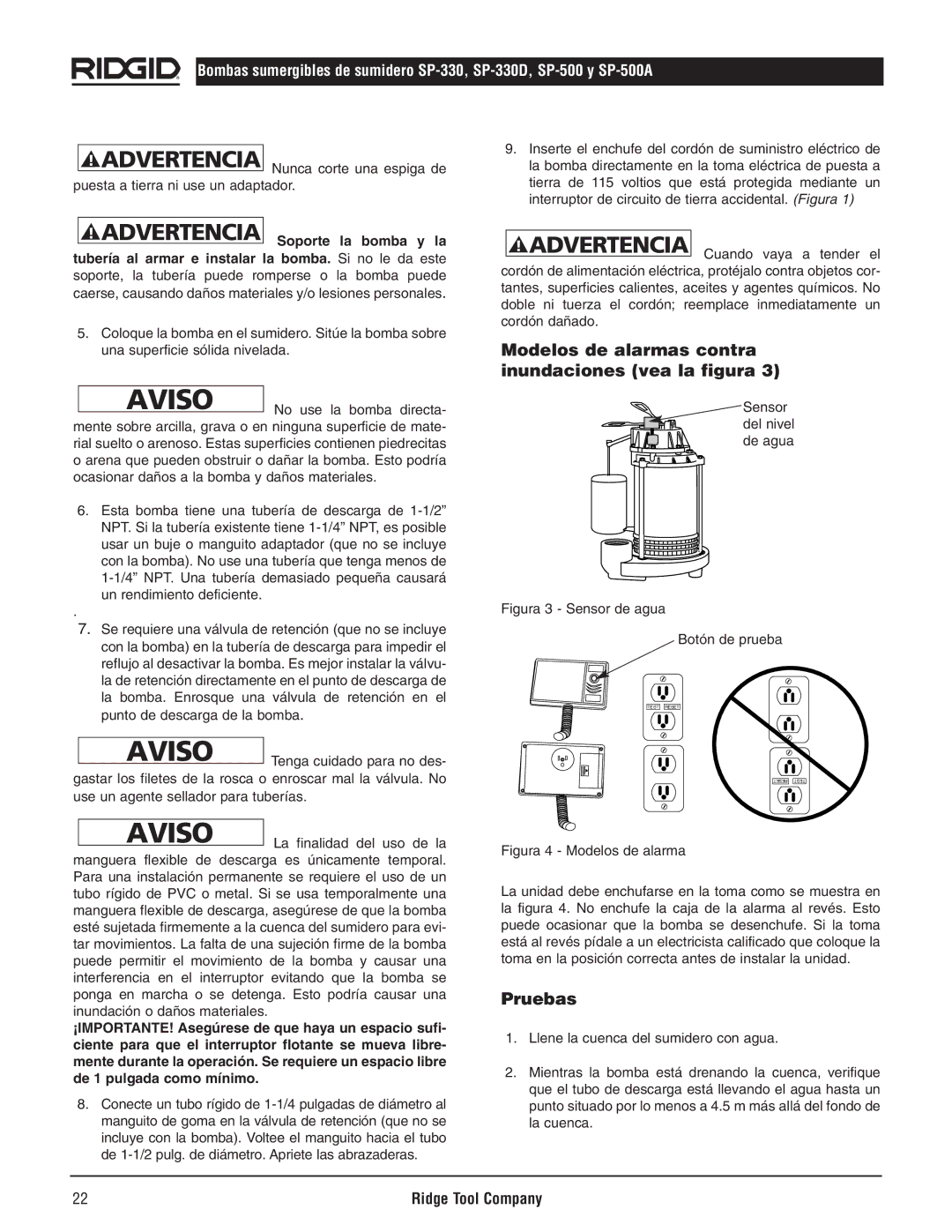 RIDGID SP500A, SP-500, SP-330D manual Modelos de alarmas contra inundaciones vea la figura, Pruebas, No use la bomba directa 