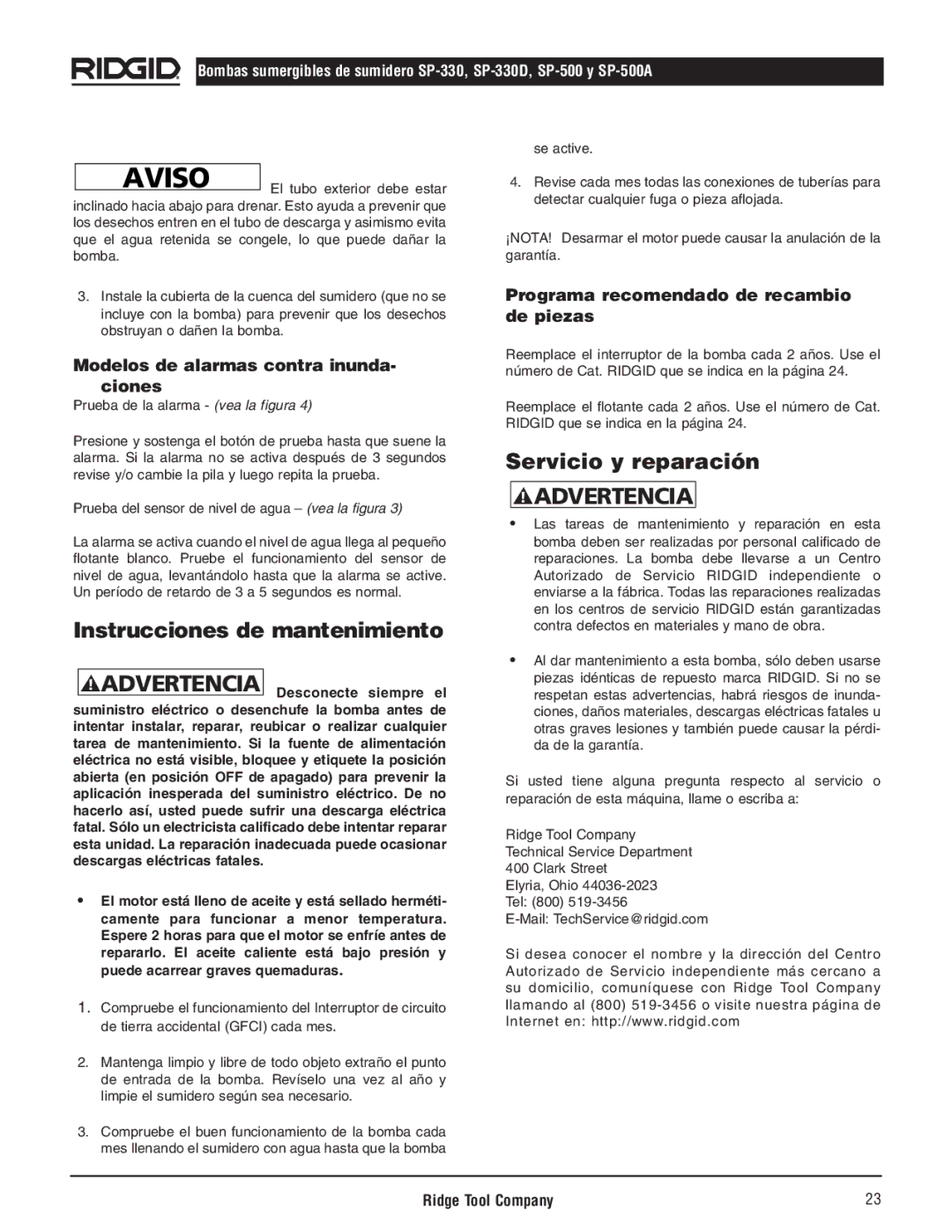 RIDGID SP-500, SP500A manual Servicio y reparación, Instrucciones de mantenimiento, Modelos de alarmas contra inunda- ciones 