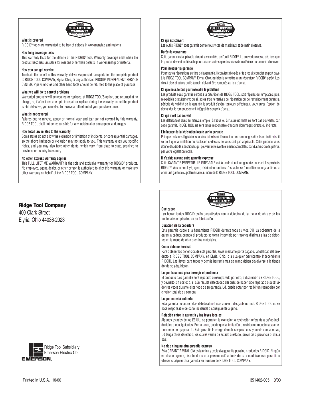 RIDGID SP500A, SP-500, SP-330D manual Ridge Tool Company, Ridge Tool Subsidiary Emerson Electric Co, 351402-005 10/00 