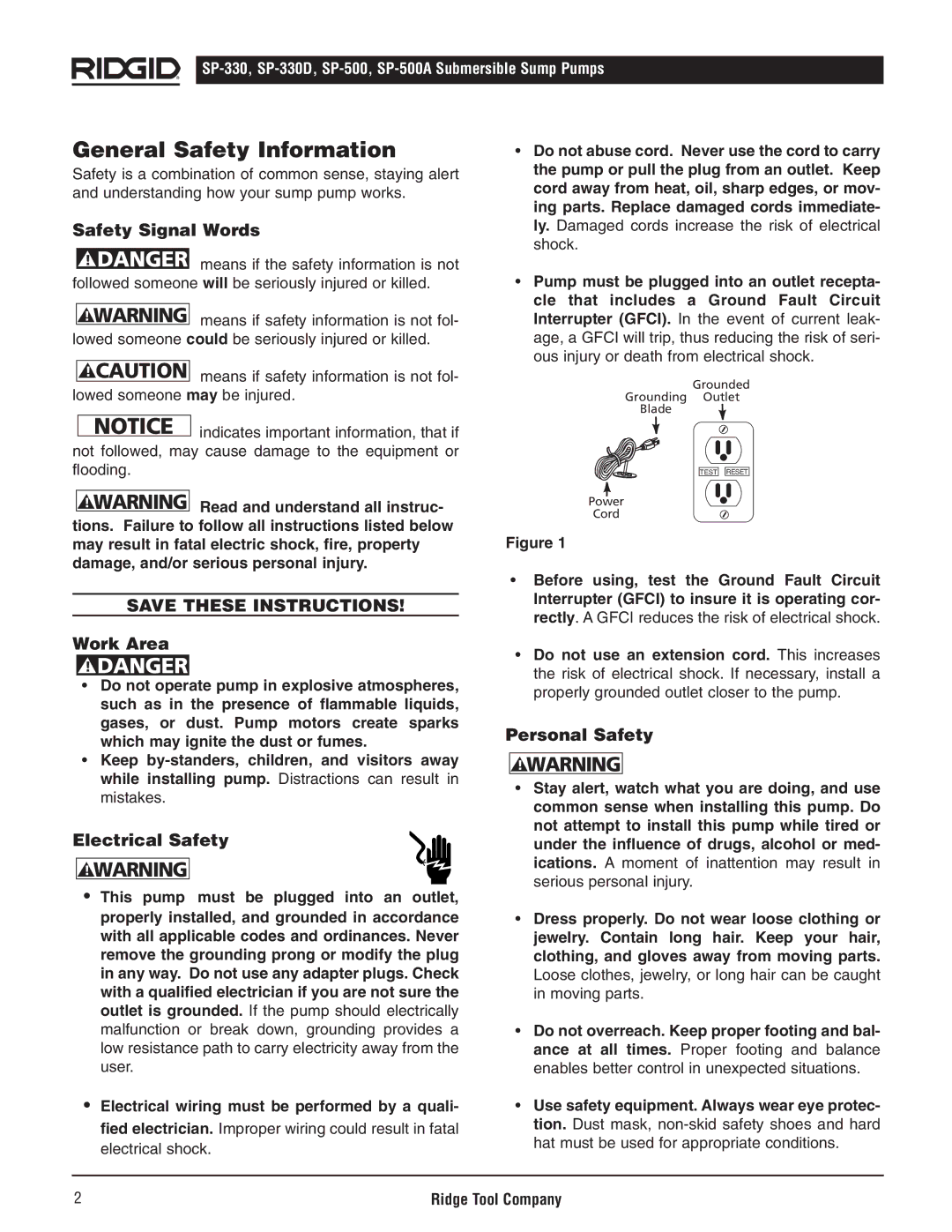 RIDGID SP500A, SP-500 manual General Safety Information, Safety Signal Words, Work Area, Electrical Safety, Personal Safety 