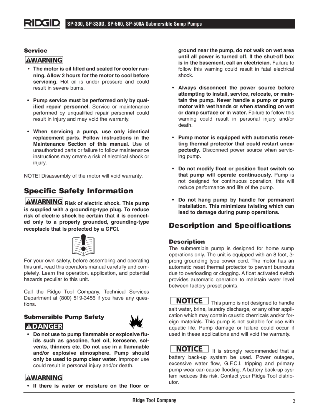 RIDGID SP-500, SP500A, SP-330 Specific Safety Information, Description and Specifications, Service, Submersible Pump Safety 