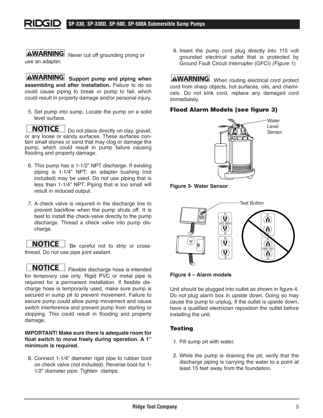 RIDGID SP500A, SP-500, SP-330D manual Flood Alarm Models see figure, Testing, Water Level Sensor, Test Button 