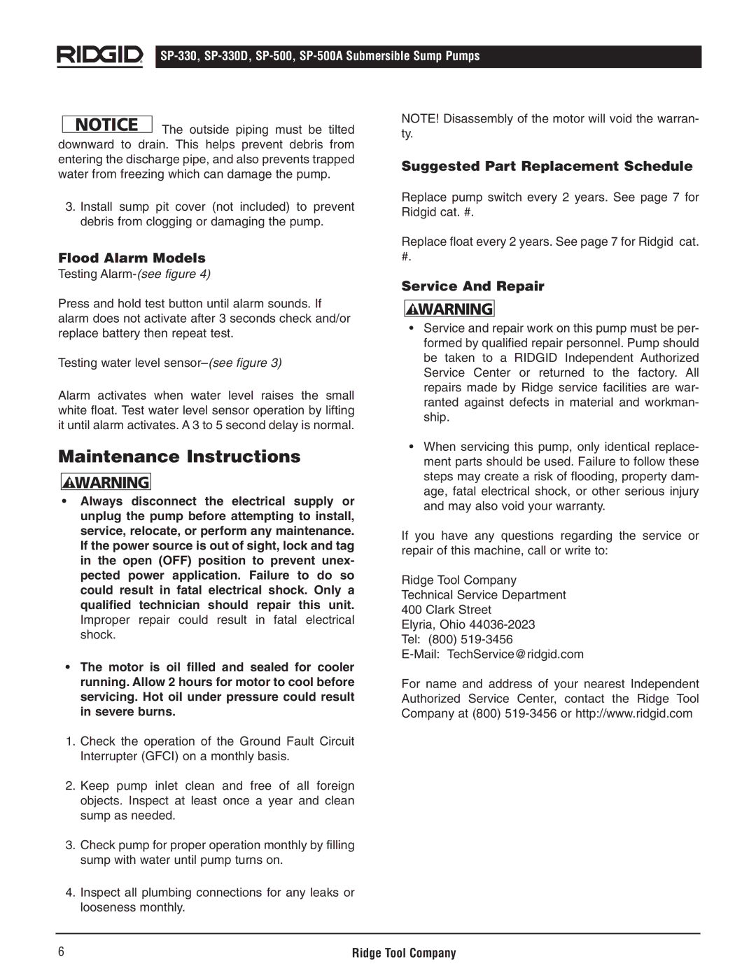 RIDGID SP500A manual Maintenance Instructions, Flood Alarm Models, Suggested Part Replacement Schedule, Service And Repair 