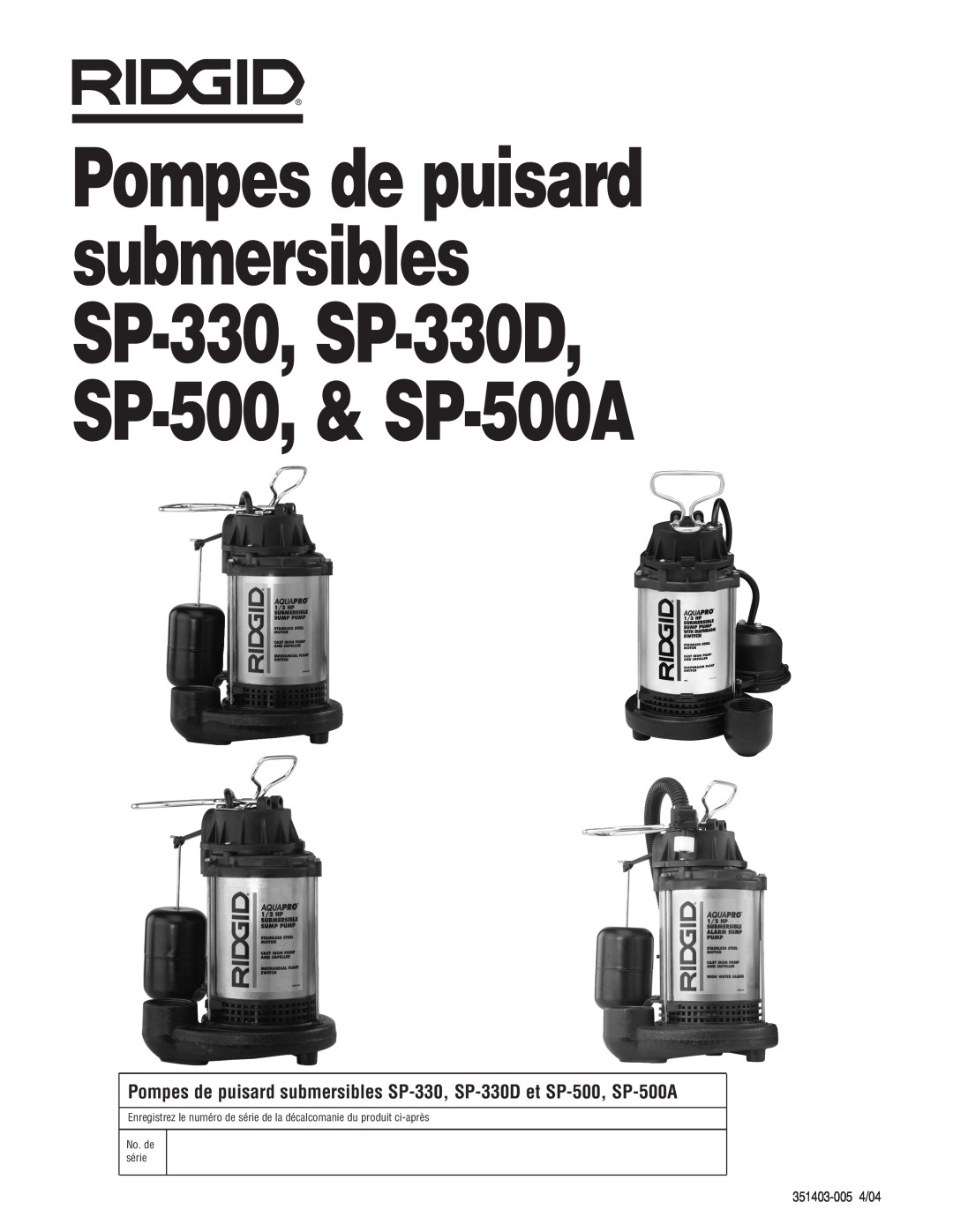 RIDGID SP500A, SP-500, SP-330D manual No. de série 