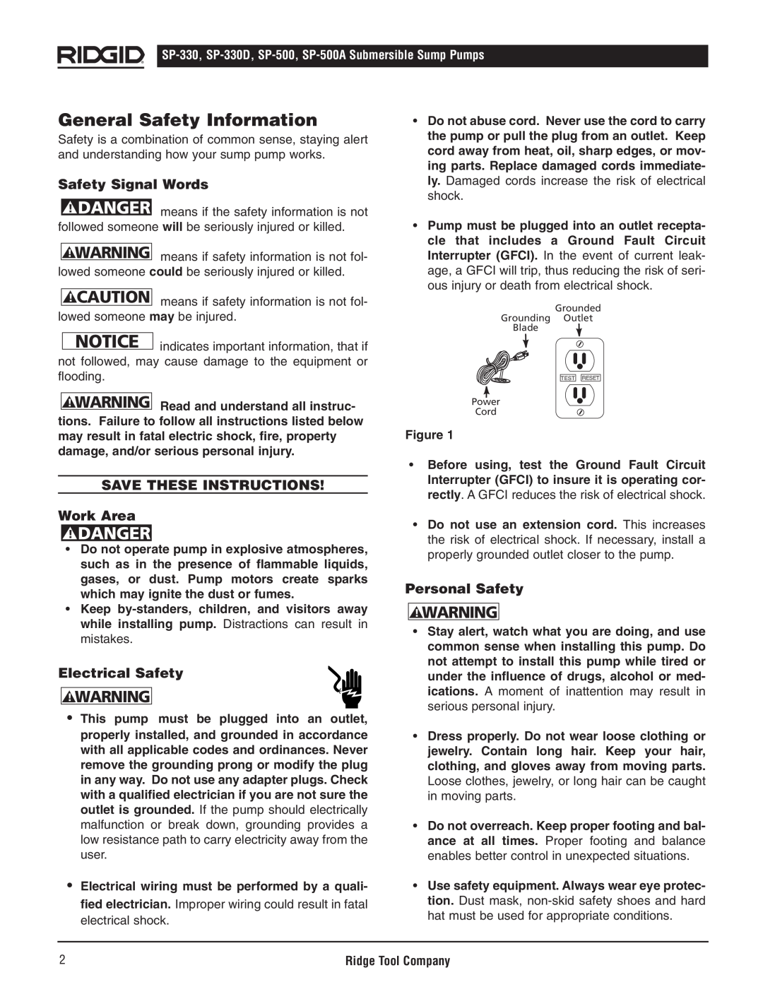 RIDGID SP500A General Safety Information, Danger, Safety Signal Words, SAVE THESE INSTRUCTIONS Work Area, Personal Safety 