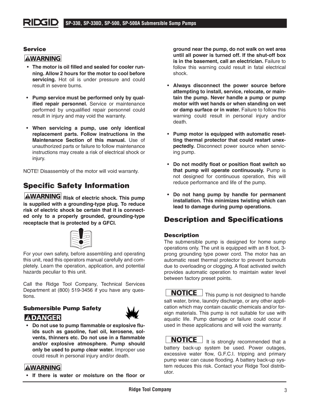 RIDGID SP-500 manual Specific Safety Information, Description and Specifications, Service, Submersible Pump Safety, Danger 