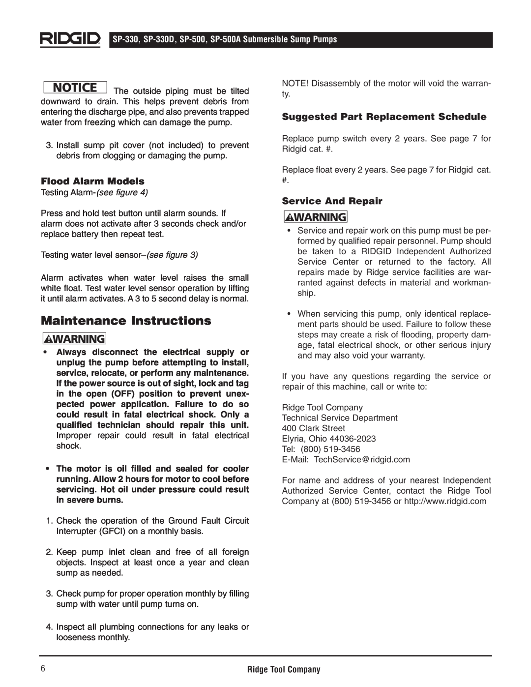 RIDGID SP500A manual Maintenance Instructions, Flood Alarm Models, Suggested Part Replacement Schedule, Service And Repair 