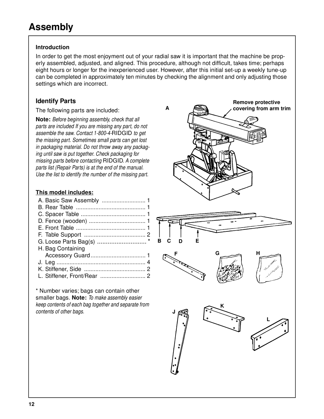 RIDGID SP6263 manual Assembly, Identify Parts, Introduction, This model includes 