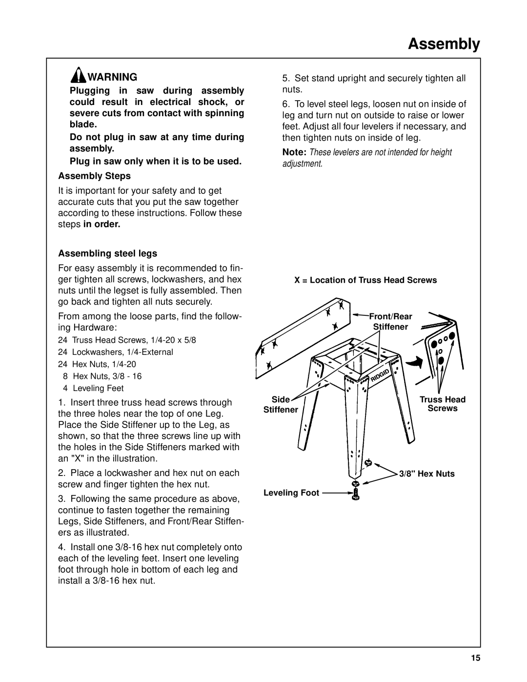 RIDGID SP6263 manual Assembling steel legs 