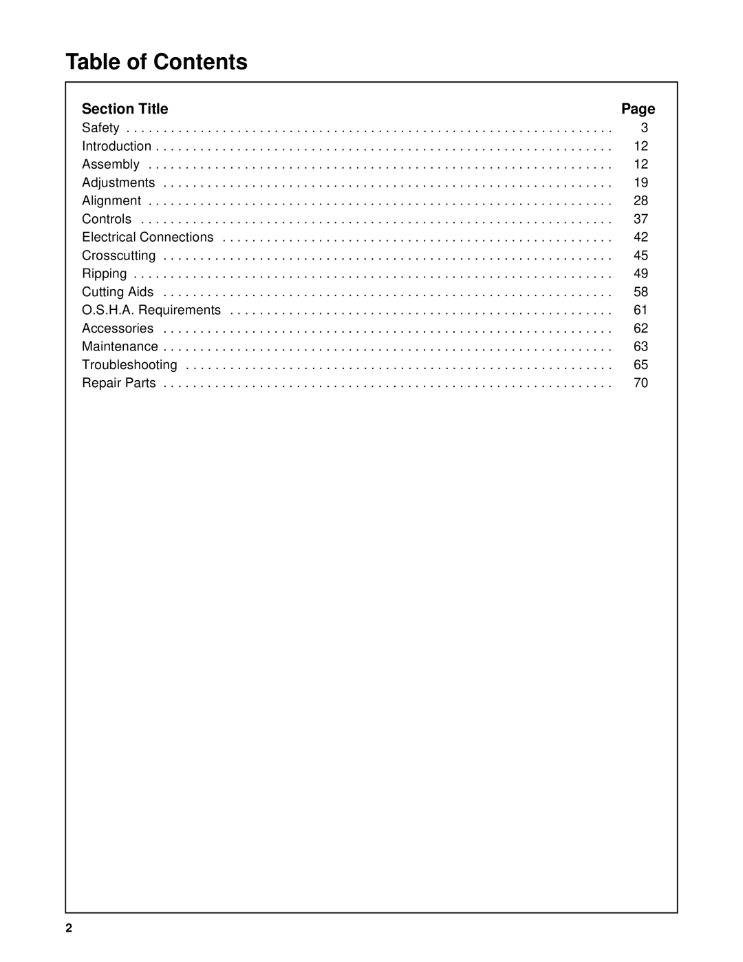 RIDGID SP6263 manual Table of Contents 