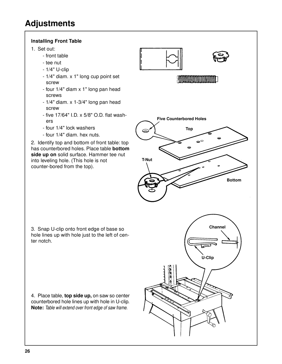 RIDGID SP6263 manual Lnstalling Front Table, Five Counterbored Holes Top Bottom Channel Clip 