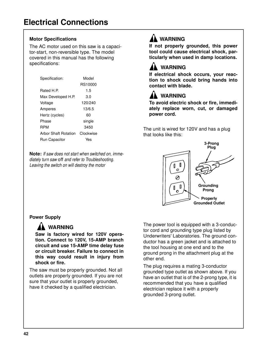 RIDGID SP6263 manual Electrical Connections, Motor Specifications 