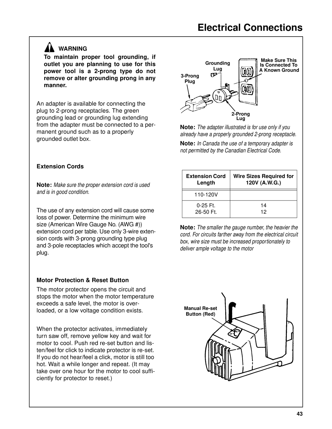 RIDGID SP6263 manual Extension Cords, Motor Protection & Reset Button 