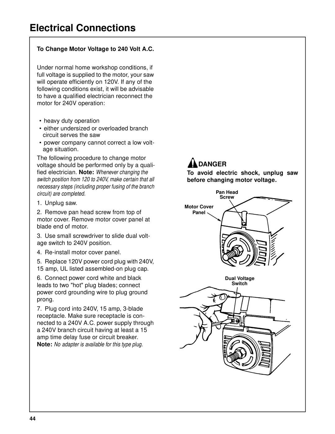 RIDGID SP6263 manual To Change Motor Voltage to 240 Volt A.C 