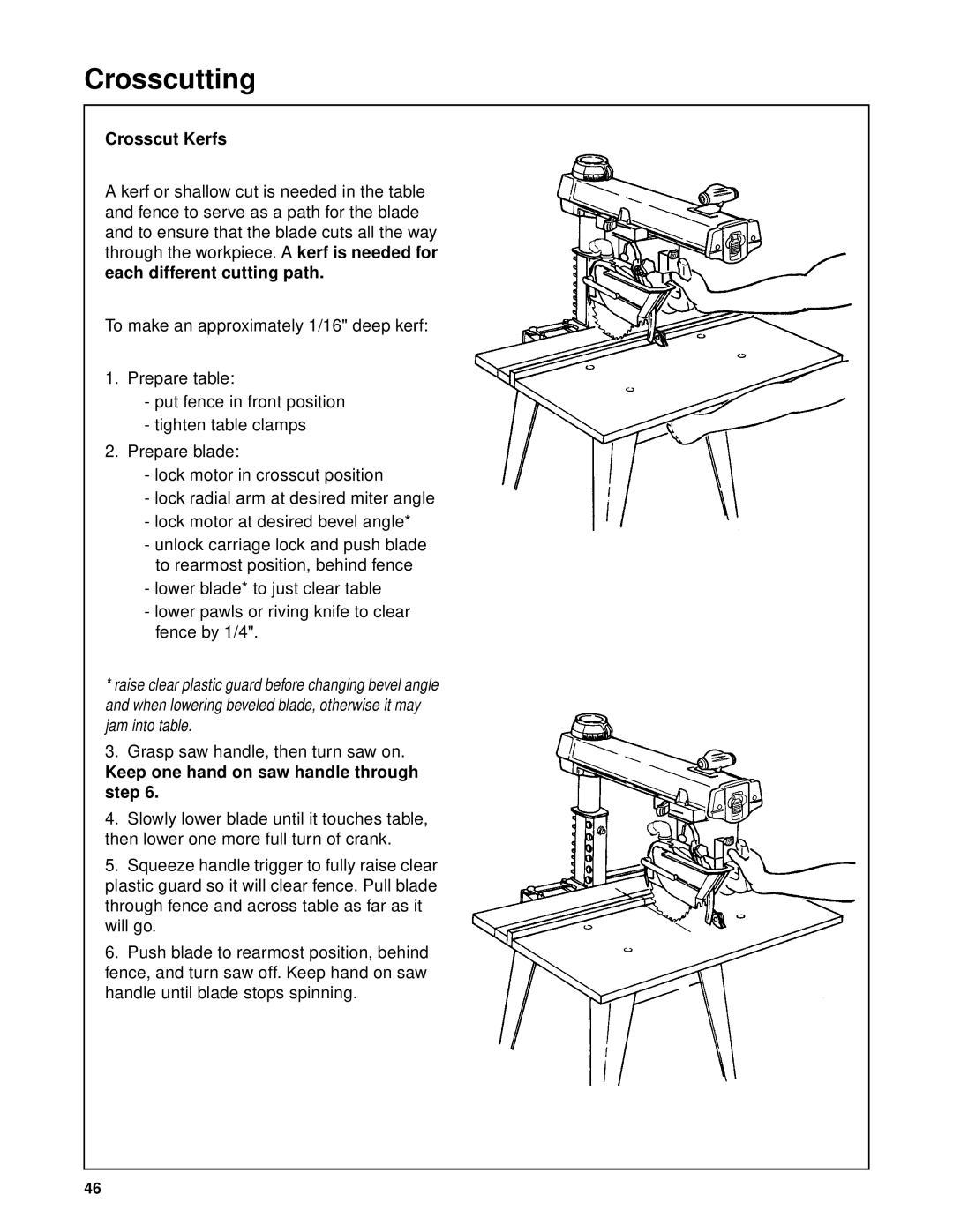 RIDGID SP6263 manual Crosscut Kerfs, Keep one hand on saw handle through step 