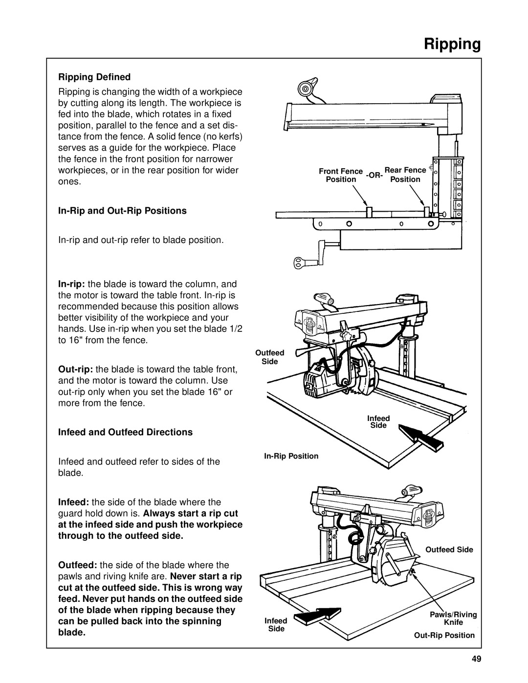 RIDGID SP6263 manual Ripping Defined, In-Rip and Out-Rip Positions, Infeed and Outfeed Directions 