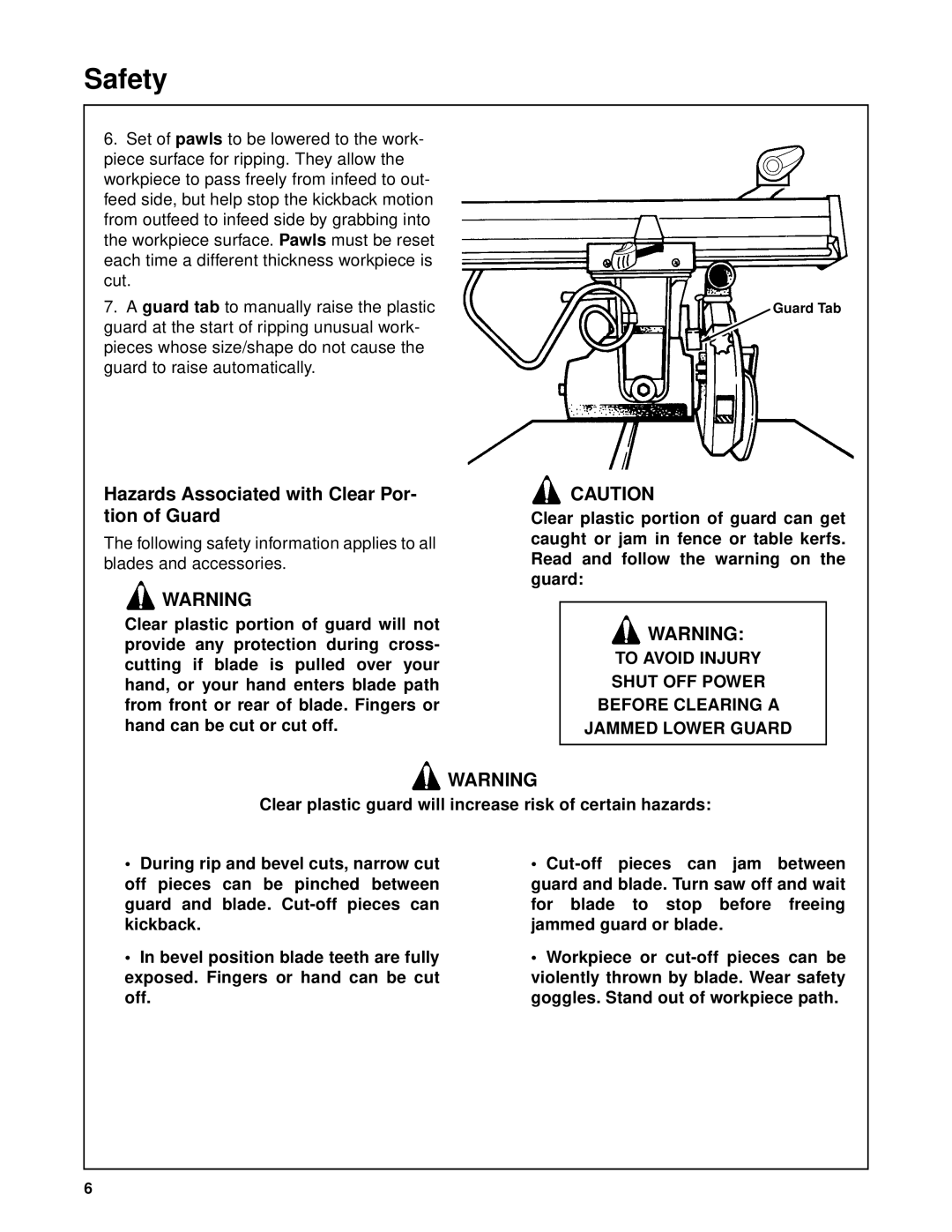 RIDGID SP6263 manual Hazards Associated with Clear Por- tion of Guard 