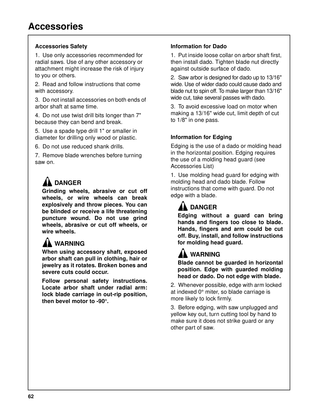 RIDGID SP6263 manual Accessories Safety, Information for Edging 