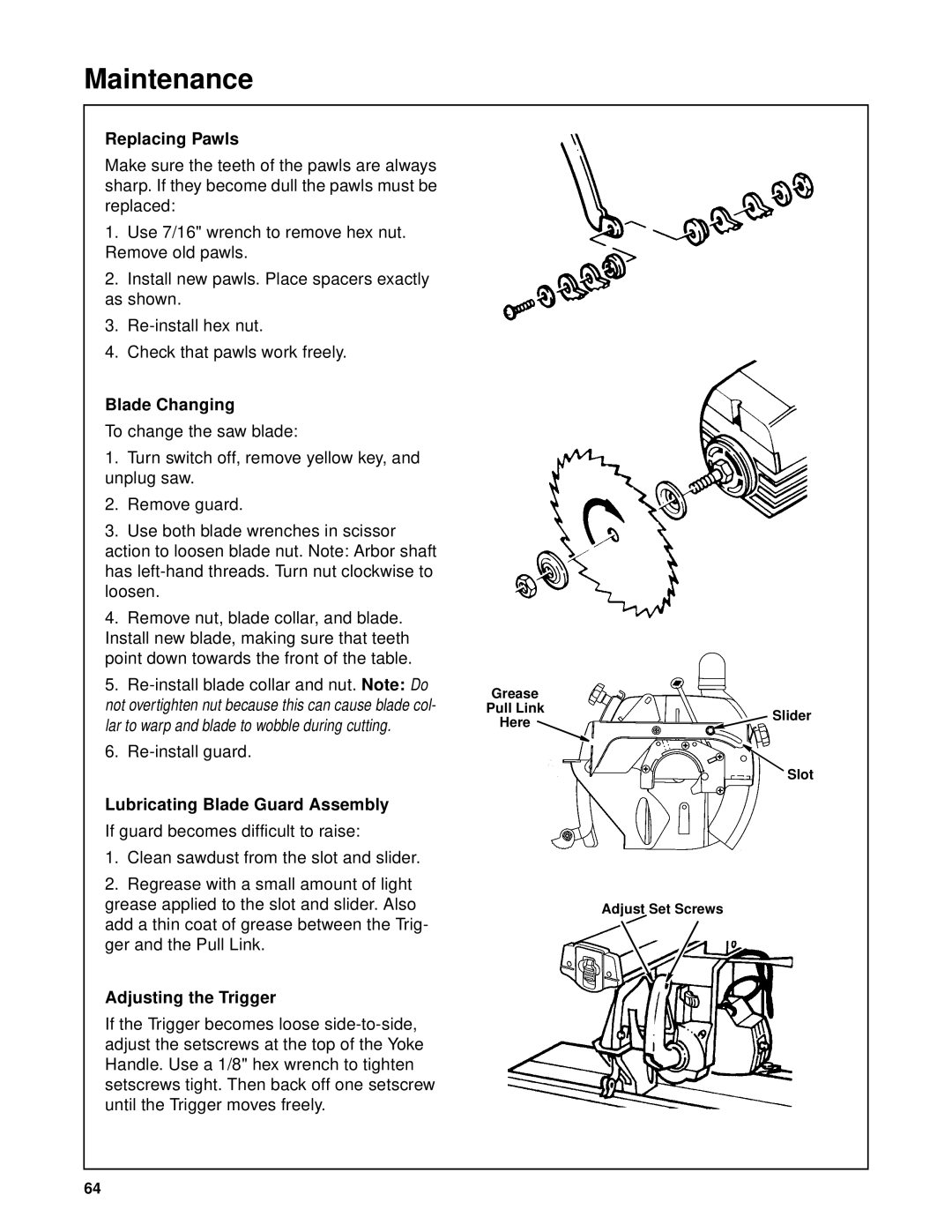 RIDGID SP6263 manual Replacing Pawls, Blade Changing, Lubricating Blade Guard Assembly, Adjusting the Trigger 