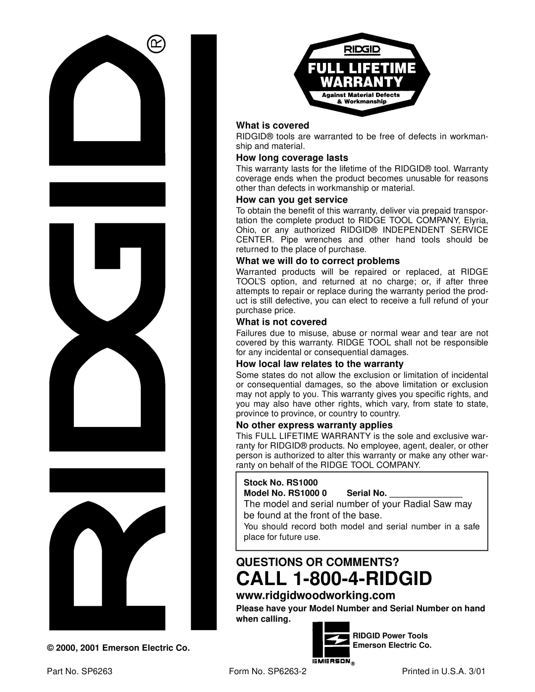 RIDGID SP6263 manual What is covered, How long coverage lasts, How can you get service, What we will do to correct problems 