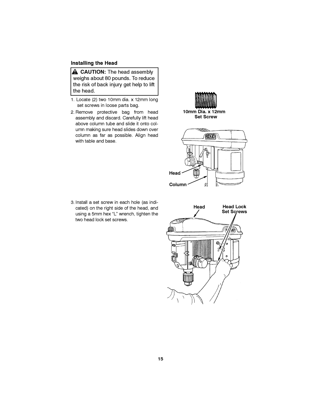 RIDGID SP6490 manual Installing the Head, 10mm Dia. x 12mm Set Screw Head Column, Head Head Lock 