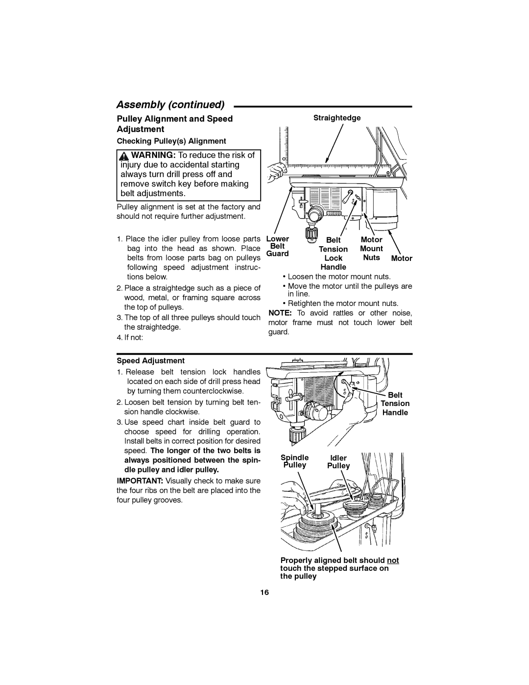 RIDGID SP6490 manual Pulley Alignment and Speed Adjustment, Checking Pulleys Alignment, Nuts Motor 