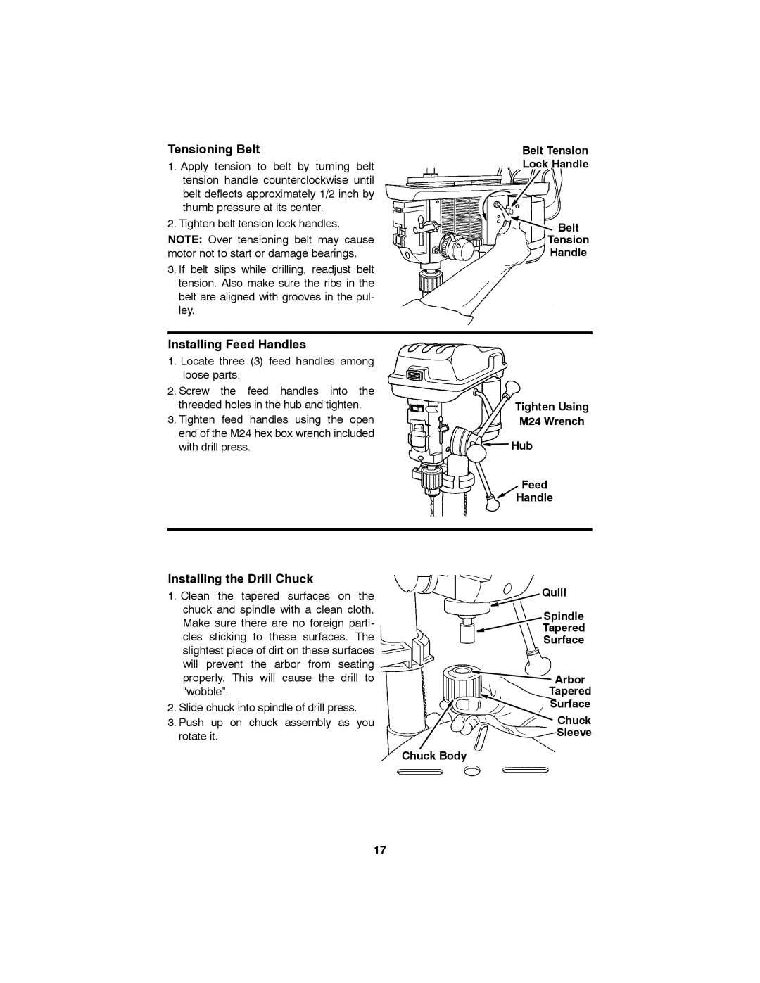 RIDGID SP6490 manual Tensioning Belt, Installing Feed Handles, Installing the Drill Chuck 