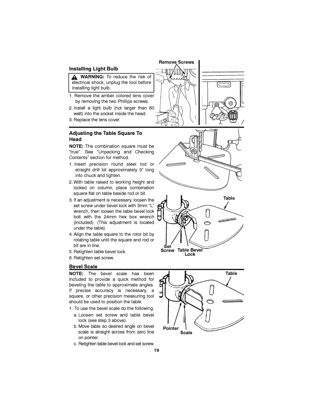 RIDGID SP6490 manual Installing Light Bulb, Adjusting the Table Square To Head, Bevel Scale 