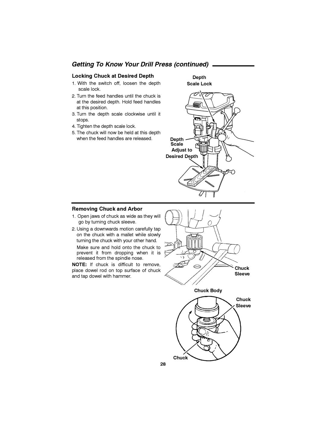 RIDGID SP6490 manual Locking Chuck at Desired Depth, Removing Chuck and Arbor, Depth Scale Lock Adjust to Desired Depth 