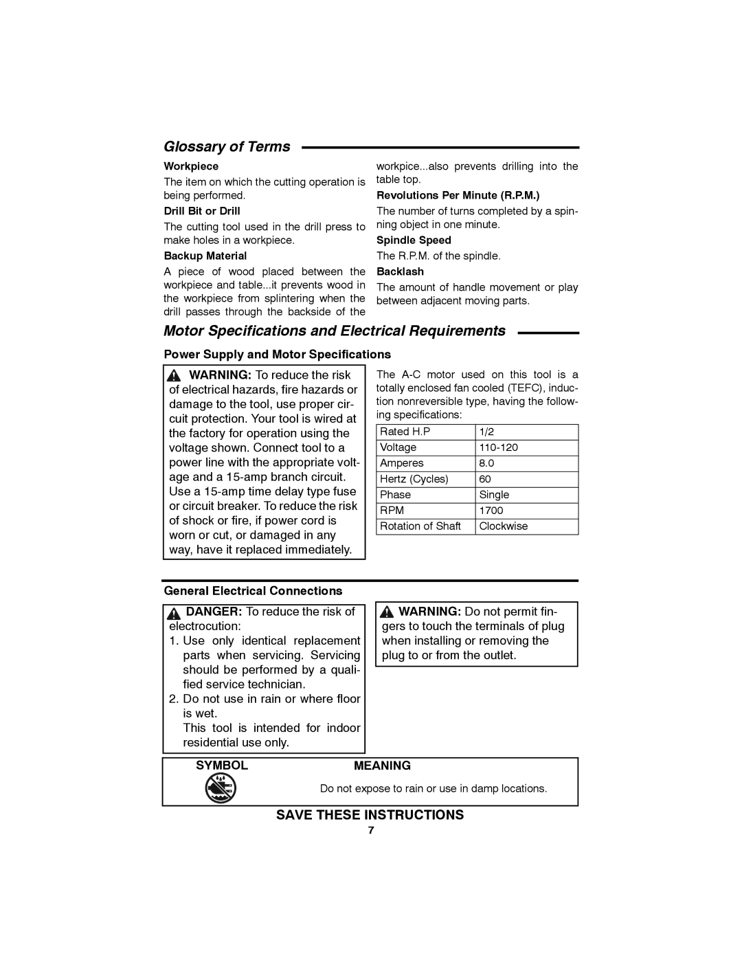 RIDGID SP6490 Glossary of Terms, Motor Specifications and Electrical Requirements, Power Supply and Motor Specifications 