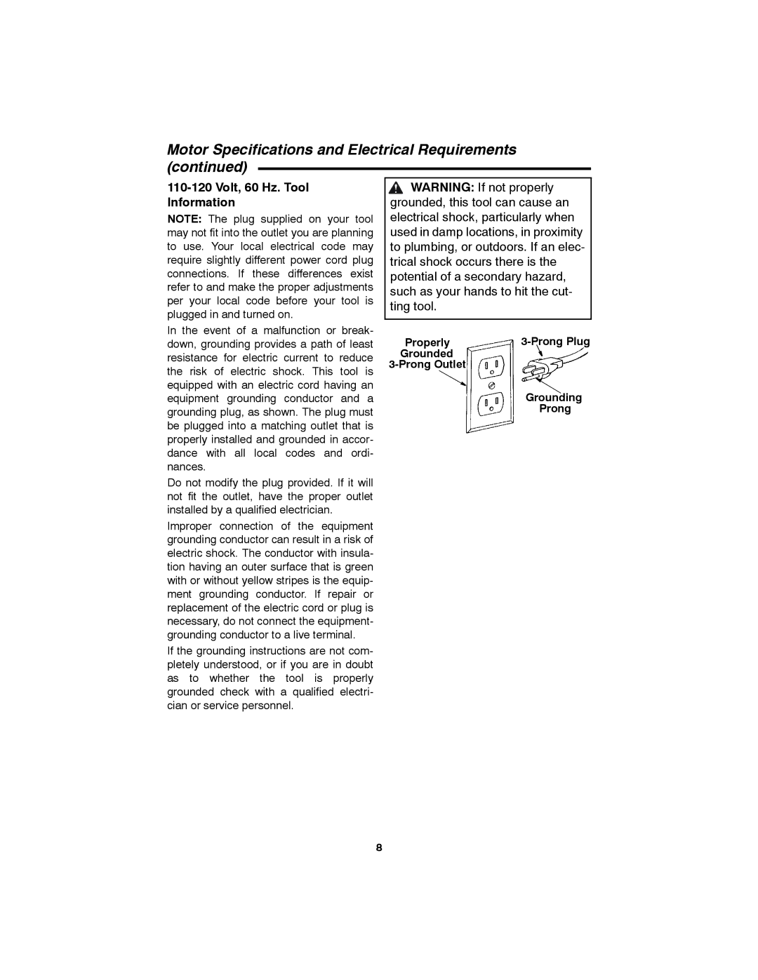 RIDGID SP6490 manual Volt, 60 Hz. Tool Information, Properly Prong Plug Grounded Prong Outlet Grounding 