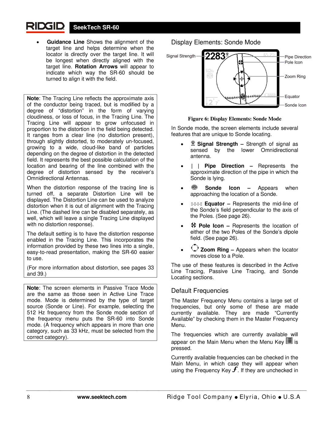 RIDGID SR-60 manual Display Elements Sonde Mode, Default Frequencies 