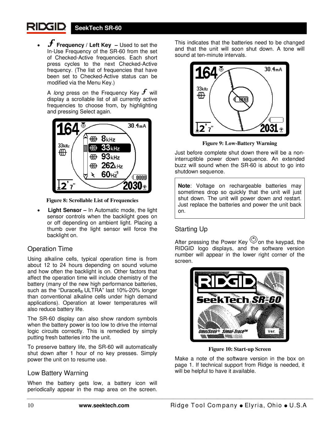 RIDGID SR-60 manual Operation Time, Low Battery Warning, Starting Up 