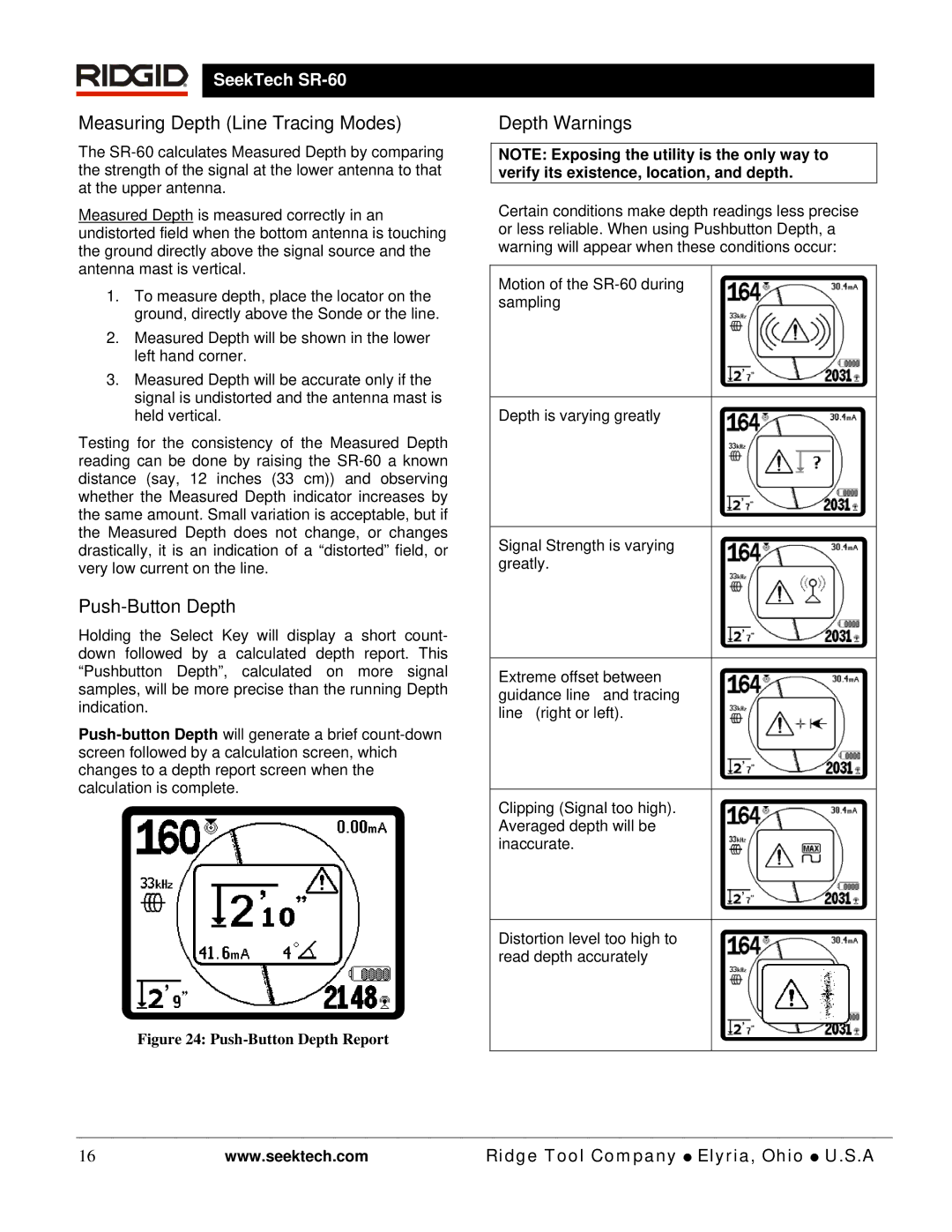 RIDGID SR-60 manual Measuring Depth Line Tracing Modes, Push-Button Depth, Depth Warnings 