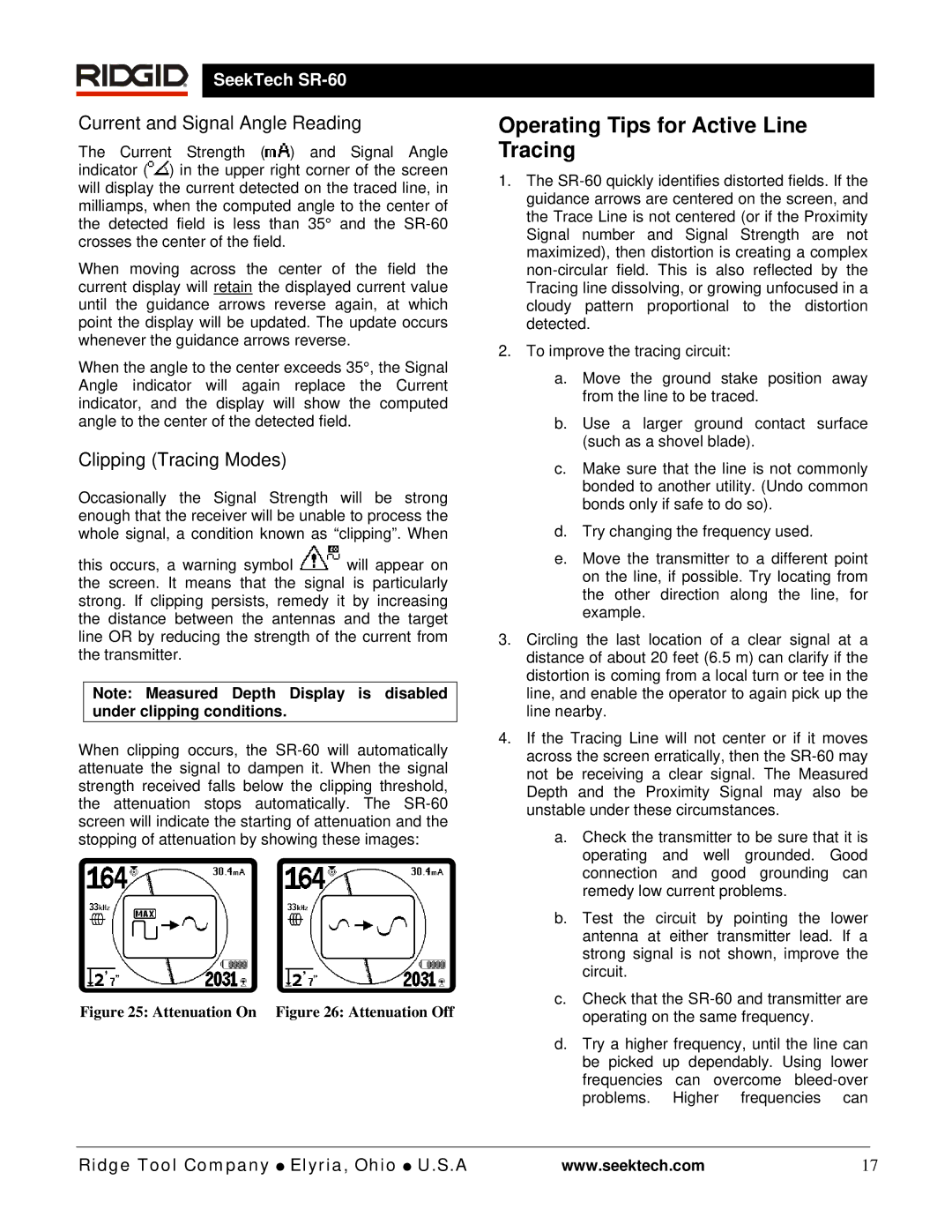 RIDGID SR-60 manual Operating Tips for Active Line Tracing, Current and Signal Angle Reading, Clipping Tracing Modes 