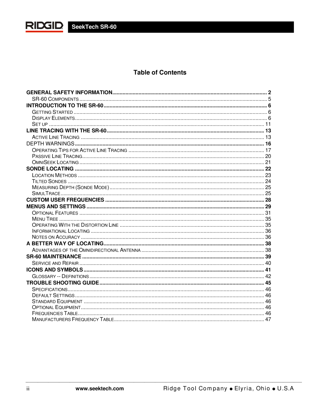 RIDGID SR-60 manual Table of Contents 