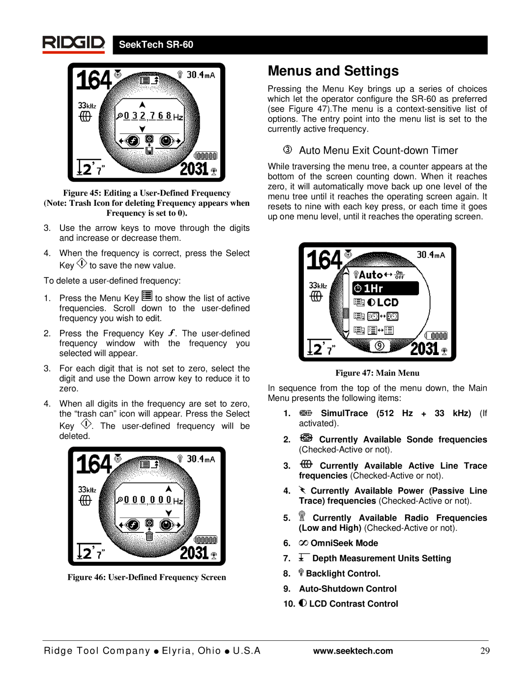 RIDGID SR-60 manual Menus and Settings, Auto Menu Exit Count-down Timer 