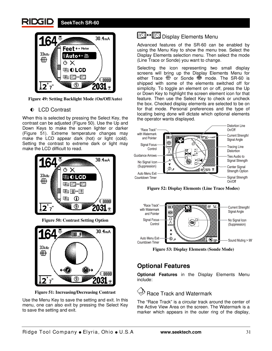 RIDGID SR-60 manual Optional Features, LCD Contrast, Display Elements Menu, Race Track and Watermark 